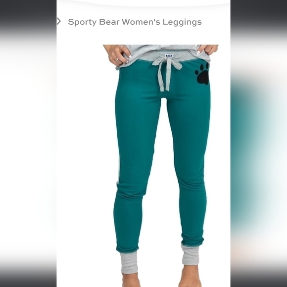 Lazy One Sporty Bear PJ Leggings L Cotton Turquoise Grey - Picture 3 of 15
